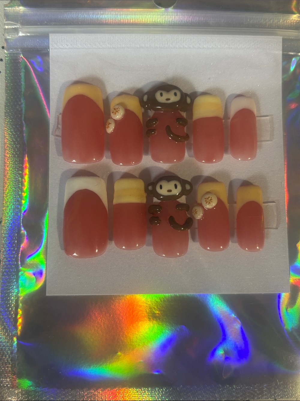 Custom Handmade monkey banana Press-on nails Square Medium